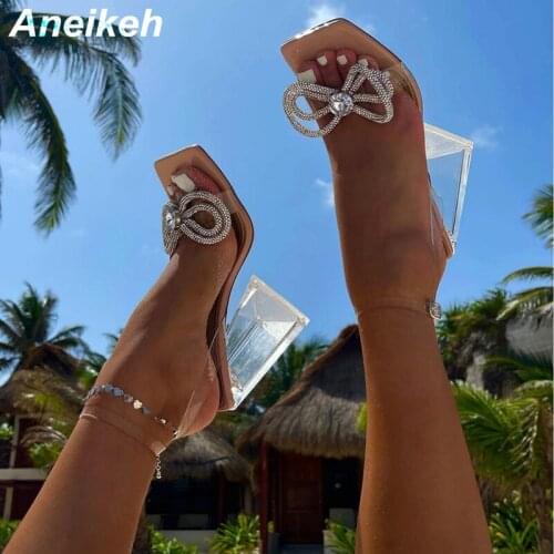 Aneikeh 2021 Triangle Heels PVC Butterfly-knot Sandalias De Las Mujeres Women Shoe Party Fashion Squared Toe Solid Size 35-41