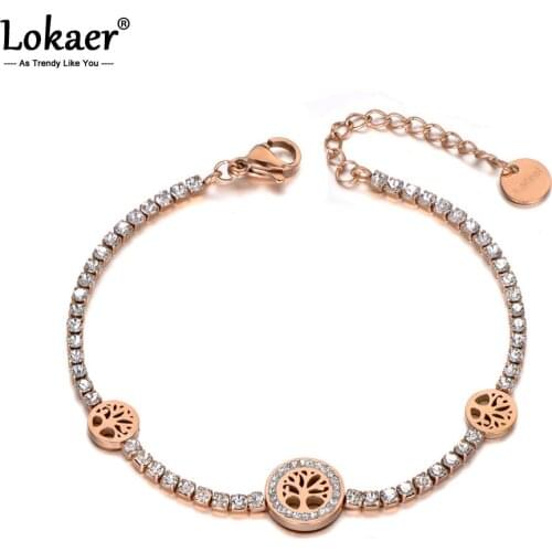 Lokaer Clay Rhinestone Love Tree Charm Bracelets For Women Stainless Steel CZ Crystal Link Chain Bracelet For Christmas B19136