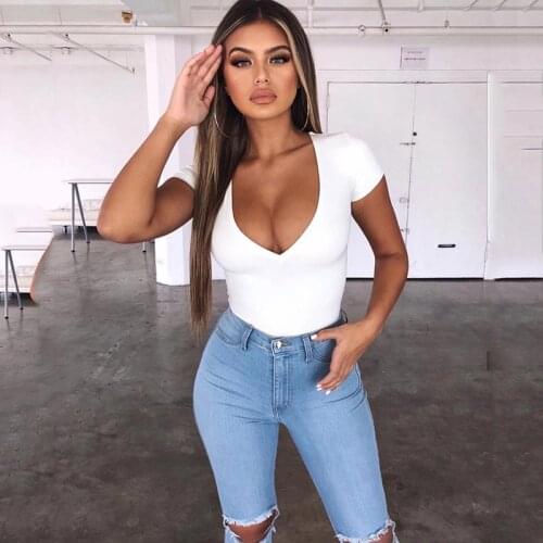 Streetwear Women Top Solid Color 2021 Summer Fashion Short Sleeve Low-cut T-shirts Sexy Deep U-neck Tops Blusas Mujer De Moda