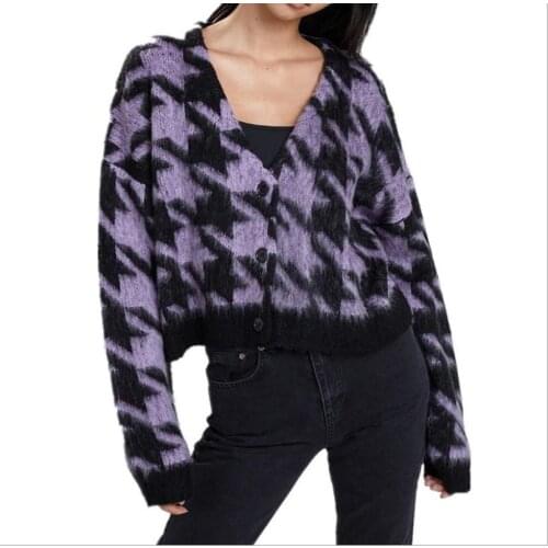 Goth Dark Gothic Loose Houndstooth E-girl Cardigans Punk Fashion Color Blocking Long Sleeve Sweaters Winter Streetwear Jumpers