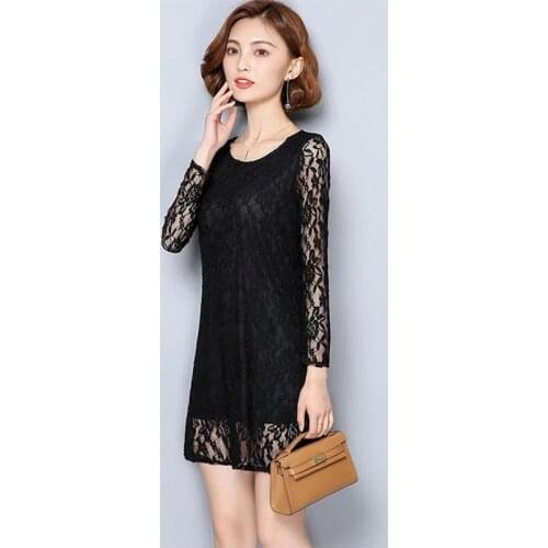 Vestido New Spring Autumn Women Dresses Medium Long Lace Large Size Dress Fashion Round Neck Long Sleeve A-Line Dress DF2217