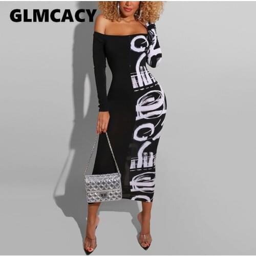 Women Abstract Letter Printed Casual Maxi Dress Off Shoulder Bodycon Long Party Dress Classy Church Dress