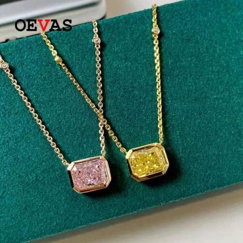 OEVAS 100% 925 Sterling Silver Pink Yellow Rectangle High Carbon Diamon Necklace For Women Sparkling Wedding Party Fine Jewelry