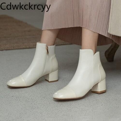 Winter The New British style fashion Square head Short tube Martin boots black Beige Casual zipper High heels Women boots 34-43