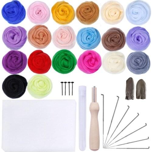 20 Colors Green Wool Felt Fibre Roving Felting Wool for Needle Felting Starter Kit with 3 Needles 1 Pair Leather Gloves Foam Mat