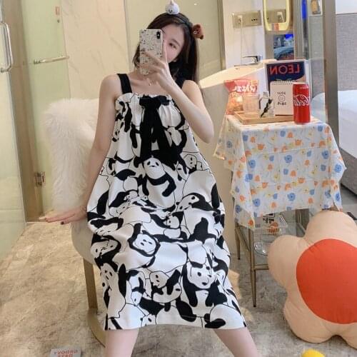 2021 Summer Sexy Lingerie Spaghetti Strap Cotton Nightgowns for Women Cute Cartoon panda Sleepwear Nightdress Night Dress Nighty