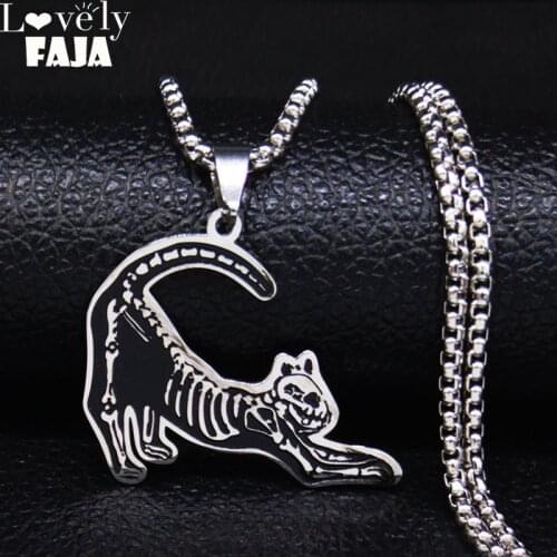 2021 Fashion Gothic Skull Cat Black Enamel Stainless Steel Chain Necklace for Men/Women Necklace Jewelry bisuteria N3206S03