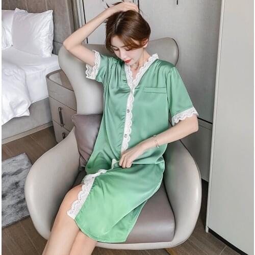 2021 Pajamas Women Korean Sexy Lace Nightgown Ice Silk Luxurious Robe Summer Sleepshirts Sweet Princess Style Nightdress