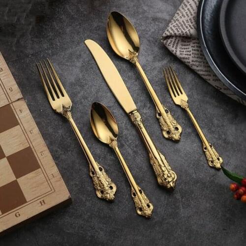 5Pcs/Set Gold Cutlery Wedding Party Tableware set Stainless Steel Dinnerware Luxury Golden Steak Knife Fork Dessert Coffee Spoon