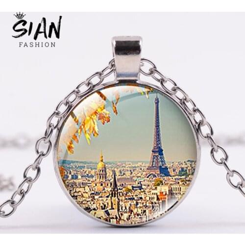 SIAN Beautiful Eiffel Tower Pattern Necklace Multistyle Travel Paris Glass Cabochon Pendant Vintage Long Chain Women Necklace