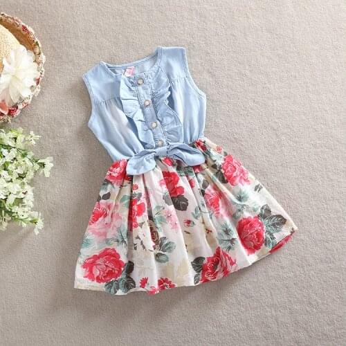 2021 Children Shirt Summer New Korean Style Cotton Stone Washed Denim Big Flower Dress outside