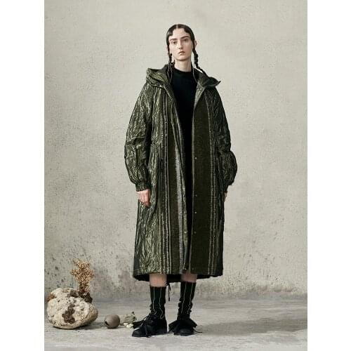 Design Women 11.11Original Winter Puffer Jacket Brief Casual Loose Wool Patchwork Metallic Luster Long Hooded Down Coat