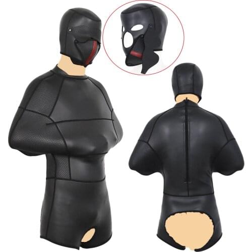 Leather Sponge Open-Seat Onesies Crotchless Pants Arm Bondage Set Enclosed Sex Slave Hood Mask Sexy Costume BDSM Couple Sex Toy