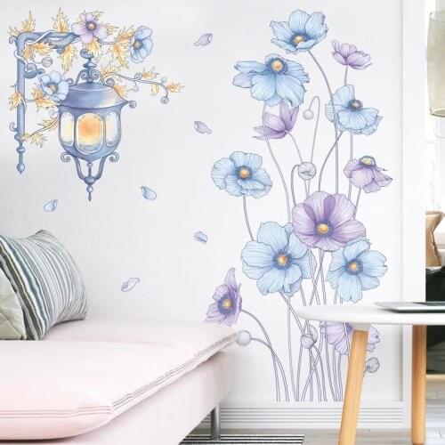 Light Purple Flowers Wall Stickers for Living Room Bedroom Home Decor Street Lamp Vinyl PVC Wall Decals DIY Wallpapers Sticker