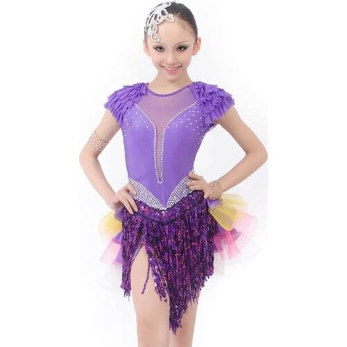 New Sexy Purple Latin Dance Dress w/Sequin Tassels & Diamond,Child/Adult Salsa/Samba/Chacha/Ballroom/Jazz Performance Stage Wear
