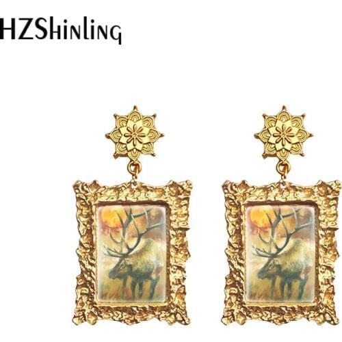 Deer Elk Animal Paintings Retro Gold Dangle Drop Earrings Glass Cabochon Dome Pendants Jewelry for Women