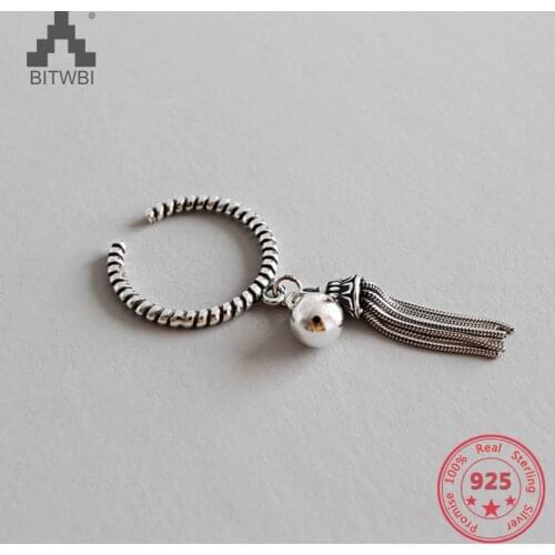 Drop Shipping New Design 100% 925 Sterling Silver Fashion Personality Retro Thai Silver Old Twist Tassel Hanging Beads Open Ring