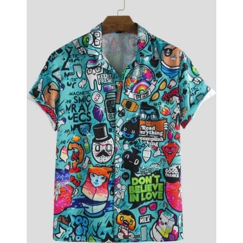 Summer Casual Shirts Men Cartoon Green Graffiti Printed Beach Blouse Tops Turn Down Collar Short Sleeve Shirts Chemise Homme