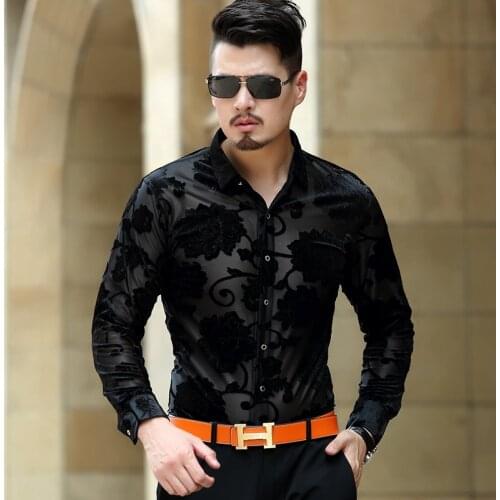 Mens Transparent Velvet Shirts Male Casual Velvet Formal Brand Men Full Sleeve Dress Shirt Man Slim Masculina Camisa