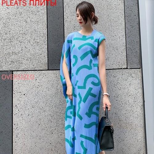Sexy Sloping Shoulder Collar Mid-length Dress Casual Temperament Loose Print Irregular Dresses MIYAKE Pleats Shein Vestido