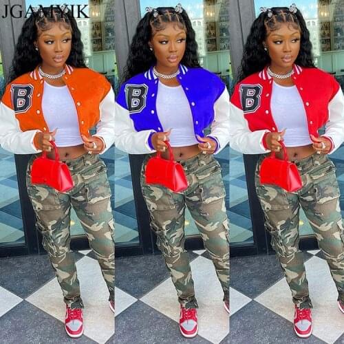 JGAMYIK Patchwork Varsity Jackets Women 2021 Fall Fashion Bomber Baseball Jacket Letter Print Cropped Jacket Vintage Streetwear