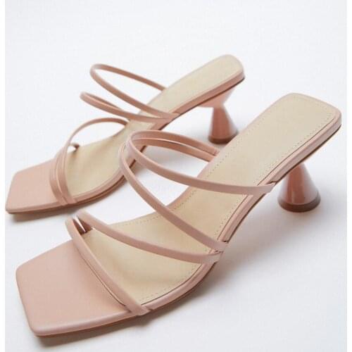 Womens Slippers 2021 Summer New Style Square Toe Thin Belt All-match Student Roman Wine Glass High-heeled Sandals