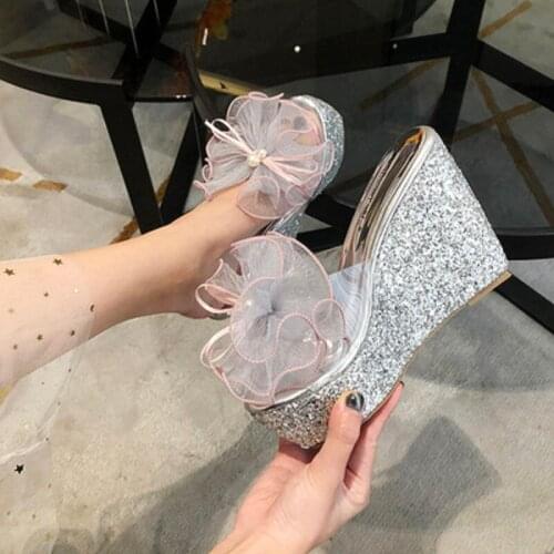 Sweet Flowers 12CM Slope With Ladies Slippers Summer Fashion And Elegant Transparent Fish Mouth Shoelace Waterproof Platform