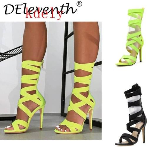 New Europe Band Women High Heels Shoes Open Toe Stretch Fabric Gladiator Sandals Mid-calf Hollow Out Party Nightclub Women Pumps