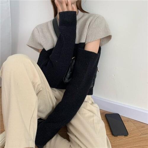 Autumn Women Hollow Out Patchwork Contrast Color Sweaters Elegant Lady Knitted Pull Sweater Korean Fashion Harajuku Knit Top