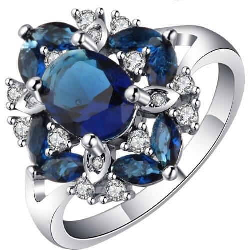 Hainon Flower Ring Fashion White Blue Zircon Silver Color Filled Jewelry Vintage Wedding Rings For Women Birthstone Gifts