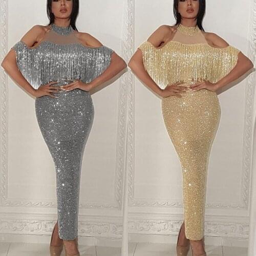 Sexy Silver Glitter Dress Women Sequined Mesh Tassels Bodycon Short Sleeve Summer Evening Party Club Ankle Length Dress