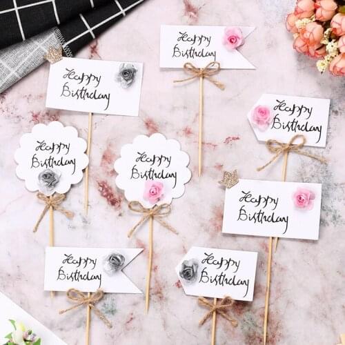 1pc Happy Birthday Cake Topper Artificial Flowers Head Baby Shower Party Decoration DIY Gift Rose Baking Supplies