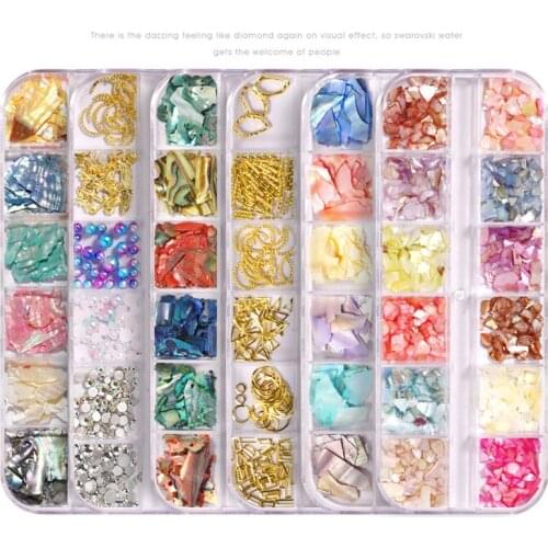 12 grids Natural Shell Stone Slice 3D Nail Art Decorations Mixed Pearl Metal Rivets Jewelry Manicure Design Accessories