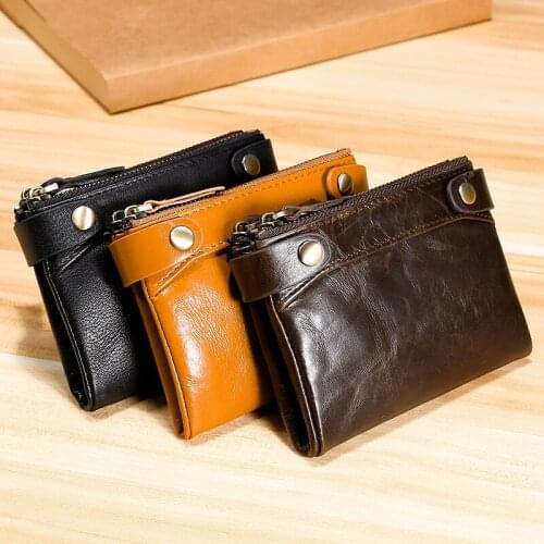 2020 AW Multi-functional Oil Cow Leather Wallet Double Zipper Bil-fold Leather Purse Coin Pocket Small Pouch Men Women