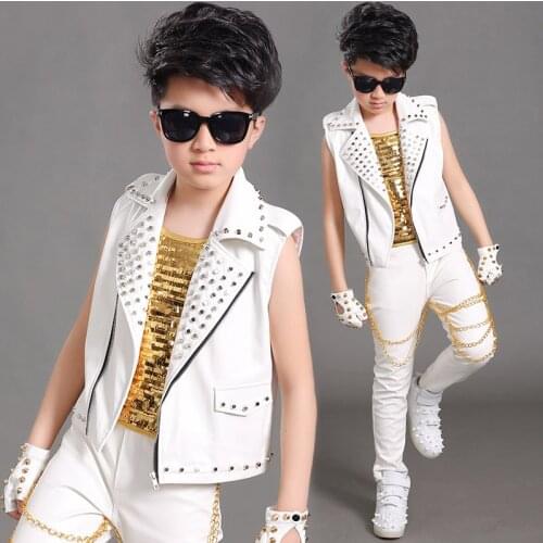 2020 Modern Dance Costumes Chorus Performance Clothes Boy Jazz Dance Costumes White Leather Pants Jacket Children Stage Outfits