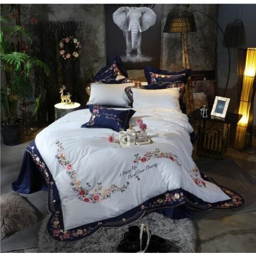 High-end Luxury Pastoral Flowers Embroidery 100S/800TC Blue 4/7pcs Egyptian cotton Bedding Set Duvet Cover Bed sheet Pillowcase