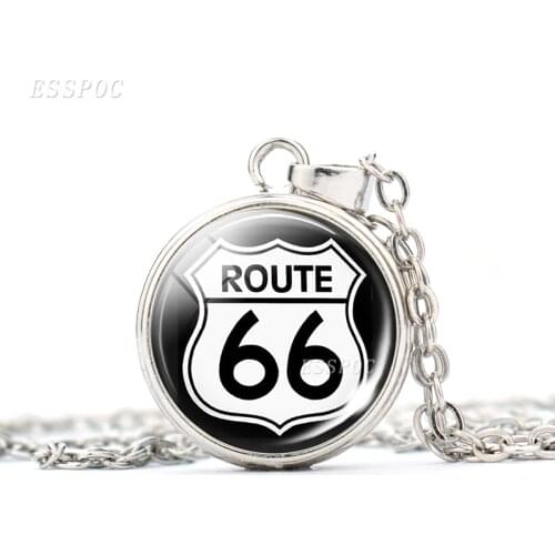 Highway Road Sign Route 66 Button Necklace Glass Cabochon Jewelry Keyring Fashion Route 66 Pendant Keychains Gifts for Traveler