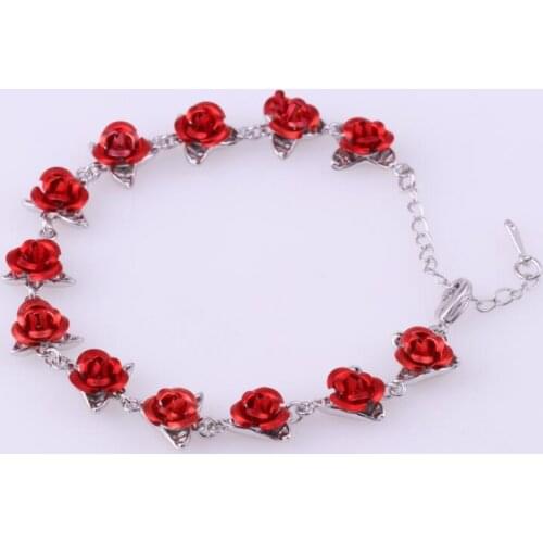 New Hot Delicate Rose Gold Color Link Chain Romantic Bracelet with Red Enamel Rose Jewelry Valentine Gift for Lover