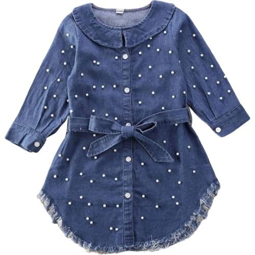 1-6Y Kids Girl Casual Denim Dress Fashion Long Sleeve Pearl Beads Mini Dress Child Girl Clothing Belt Waist Tassels Dress