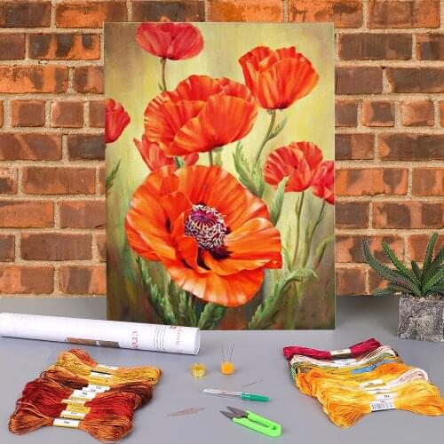 Poppy Flowers Pre-Printed 11CT Cross Stitch Embroidery Patterns DMC Threads Painting Needlework Sewing Craft Promotions Design