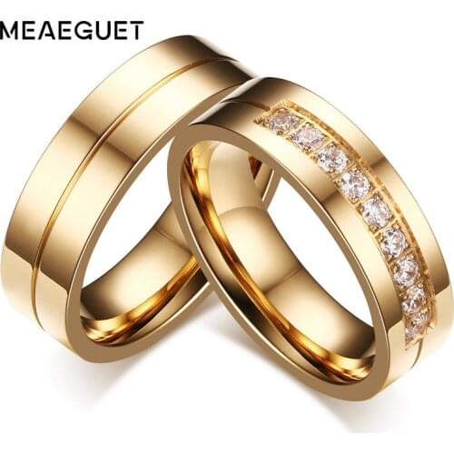 Meaeguet Gold-Color CZ Wedding Rings Lovers Cubic Zirconia Stainless Steel Romantic Ring Jewelry USA Size