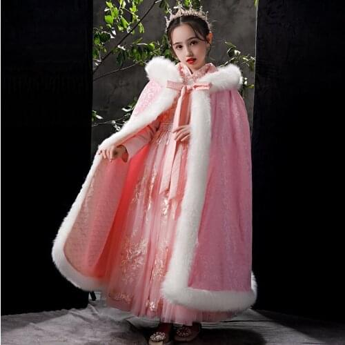 Fashion Florwer Girl Warm Hooded Cloak Outerwear Little Girls Winter Jacket With Ribbon Pink Children Coat Cape For Wedding