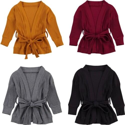 Fashion 2-7Y Toddler Kid Girls Boys Sweater Cardigans Solid Knit Long Sleeve Lace up Waist Combed Sweater Jacket Top