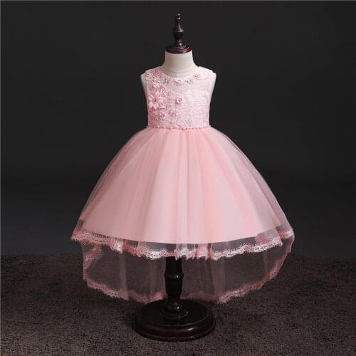 New Fashion Girls Party Dress Formal Kids Sleeveless Applique Tulle Dress with Trailing Girls Party Wedding Dress Vestido
