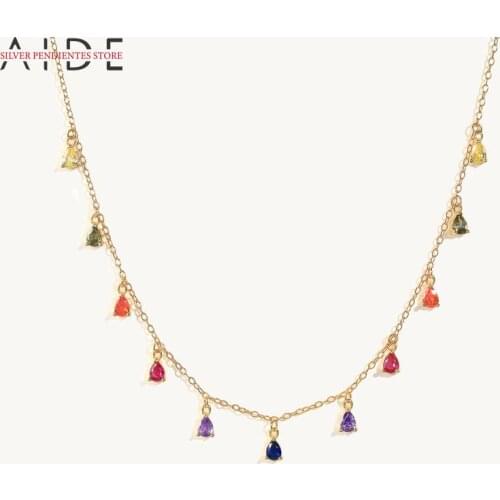 AIDE 925 Sterling Silver Colorful Zircon Necklace For Women Trend Water Drop Round Disc Gold Necklace Jewelry Bijoux Femme