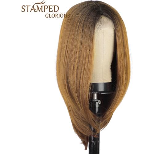 Stamped Glorious Ombre Brown Synthetic Wigs for Black Women Middle Part Short Bob Wig with Baby Hair Daily Heat Resistant Fiber