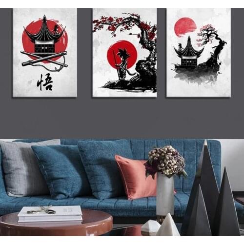 Ink red black goku Anime Poster Japan Nordic Poster Canvas Print Wall Decor Oil Painting Home Living Room Picture Decration