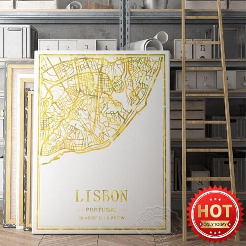 Lisbon Portugal City Map Poster, Worlds Tavel City Street Goid Line Art Map, Simple Modern Kids Room Home Decor Wall Picture