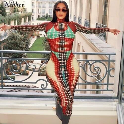 NIBBER Contrast Trend Skinny Women Bodycon Long Sleeve Aesthetic Print Maxi Dress Turtleneck Fitness Stretchy Slim Clubwear2021
