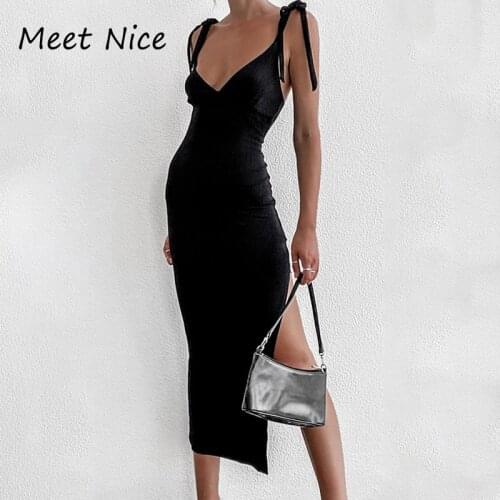 Sexy Spaghetti Strap Side Split Evening Party Dress Women Ribbed Lace up Bodycon Midi Dresses Black V Neck Night Club Dress